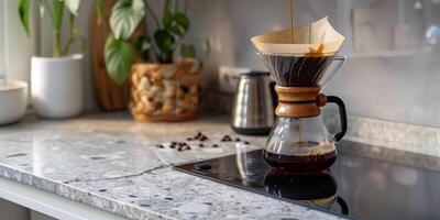 Pour-over setup with a coffee dripper and a glass carafe on a kitchen countertop, gastronomy photography photo