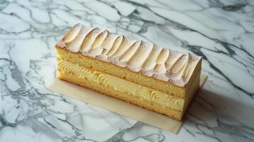 Rectangular cake, uncut, with a patterned top, positioned on a marble countertop, gastronomy photography photo
