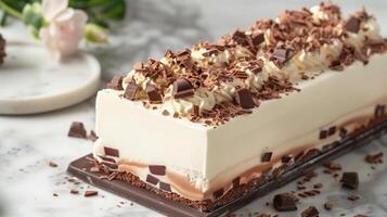 Rectangular ice cream cake with piped cream edges and chocolate pieces on top, photorealistic food photo