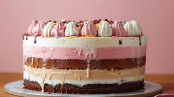 Round cake with alternating ice cream and cake layers in cross-section, photorealistic food photo