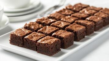 Row of brownie squares arranged on a rectangular serving platter, gastronomy photography photo