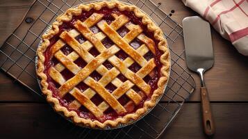 Round pie with a lattice crust on a cooling rack with a pie server nearby, gastronomy photography photo