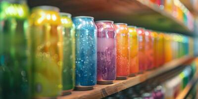 Row of assorted sparkling water cans with different colors and flavors, lined up on a shelf, photorealistic food photo