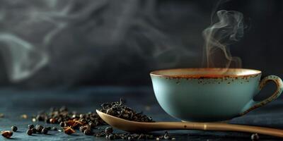 Spoonful of dried chai tea leaves next to a steaming teacup, gastronomy photography photo