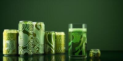 Stack of cans with unique designs beside a filled glass containing a green liquid, photorealistic food photo