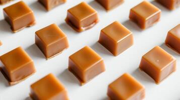 Caramel squares neatly placed in rows on a white surface, each piece presenting the same dimensions, photorealistic food photo