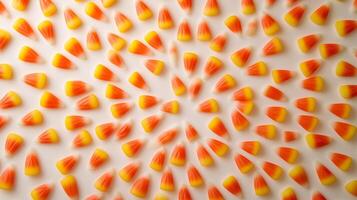 Candy corn pieces arranged in a circular pattern on a flat surface, showing their vibrant colors, gastronomy photography photo