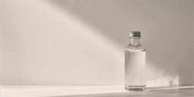 Clear glass bottle filled with dark sauce, capped with a metal lid, photorealistic food photo
