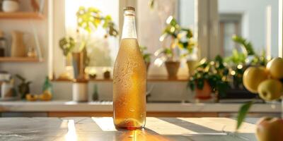 Clear bottle of sparkling apple cider, with condensation, positioned on a clean countertop, featuring the beverage label, photorealistic food photo