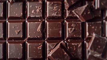 Close-up of a chocolate bar with distinct lines separating individual pieces within the whole bar, gastronomy photography photo