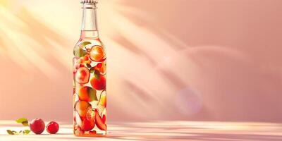 Flavored cider in a clear bottle with fruit illustrations, set on a plain white tabletop, well-lit environment, gastronomy photography photo