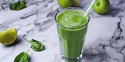 Freshly blended green smoothie in a glass on a marble countertop with a straw, photorealistic food photo