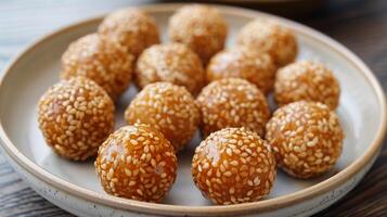 Fried sesame balls with consistent appearance on a simple plate, gastronomy photography photo