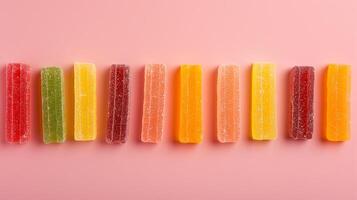 Fruit chews arranged in a straight line on a plain background, each piece highlighting a unique color, photorealistic food photo