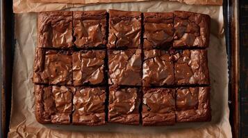 Fudge brownie squares arranged neatly on a parchment-lined baking sheet, showing a uniform dark color, photorealistic food photo