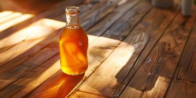 Glass bottle of pear cider, filled halfway, positioned on a smooth wooden table, with sunlight streaming in, gastronomy photography photo