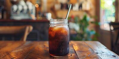 Glass jar filled with dark cold brew coffee on a wooden table next to a metal straw, photorealistic food photo