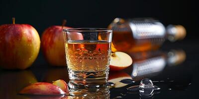 Glass of apple cider on a reflective surface, with a bottle lying horizontally in the background, photorealistic food photo