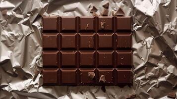 Milk chocolate bar partially unwrapped, revealing the majority of its uniform, segmented surface, photorealistic food photo