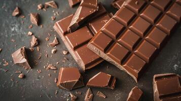 Milk chocolate bar broken into two parts, showcasing the creamy inner texture and clean edges, photorealistic food photo