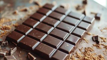 Milk chocolate bar placed on a table, divided into multiple small, uniform squares, gastronomy photography photo