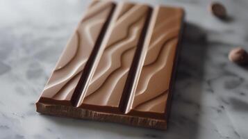 Milk chocolate bar broken into two parts, showcasing the creamy inner texture and clean edges, gastronomy photography photo