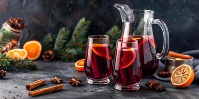Mulled wine glasses arranged next to a pitcher with a background of cinnamon sticks and orange slices, photorealistic food photo