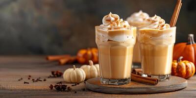 Multiple pumpkin spice latte glasses arranged with visible cinnamon sticks and small decorative pumpkins, gastronomy photography photo