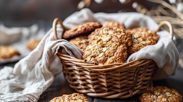 Oatmeal cookies displayed in a small basket lined with a simple cloth, gastronomy photography photo