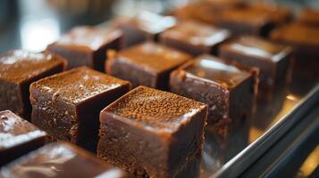 Pieces of red bean cake with dark filling arranged on a tray, photorealistic food photo