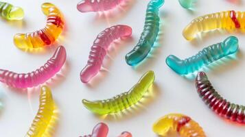 Several gummy worms of different colors and patterns scattered on a white surface, photorealistic food photo