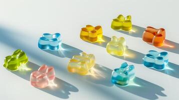 Gummy candies in various shapes and hues randomly placed on a white background, gastronomy photography photo