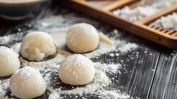 Traditional mochi coated in powdered starch on a flat surface, photorealistic food photo
