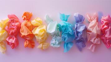 Several taffy pieces placed side by side, forming a gradient of colors and shapes on a plain background, gastronomy photography photo