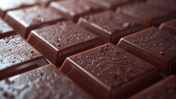 Side view of a milk chocolate bar, showing the thickness and smoothness of each square, photorealistic food photo