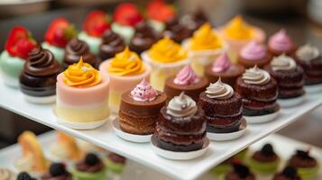 Small round desserts in multiple colors neatly arranged on a white platter, photorealistic food photo