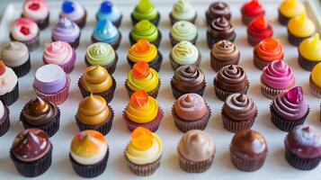 Small round desserts in multiple colors neatly arranged on a white platter, gastronomy photography photo