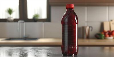 Sports drink bottle with twist-off cap on a smooth countertop, gastronomy photography photo