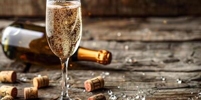 Sparkling wine in a glass, next to an open bottle and some corks on a wooden surface, photorealistic food photo