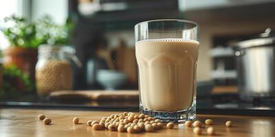 Soy milk in a transparent glass next to a handful of soybeans on a kitchen counter, photorealistic food photo
