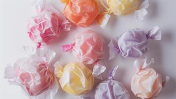 Taffy pieces wrapped individually in wax paper, arranged in a circular formation on a plain surface, photorealistic food photo