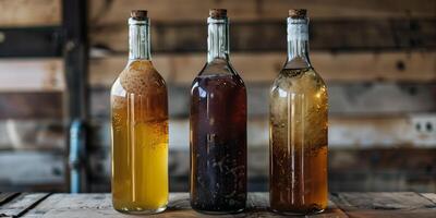 Three bottles of fermented beverages with different levels of sediment, lined up, gastronomy photography photo