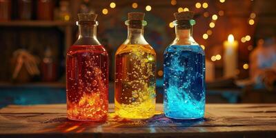 Three bottles of different sizes, each filled with a uniquely colored liquid, photorealistic food photo