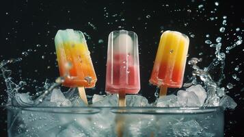 Three ice pops upright in a glass container with ice cubes and water, photorealistic food photo
