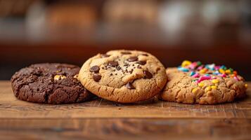 Three specialty cookies placed in a row on a wooden table, gastronomy photography photo