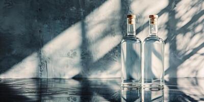 Two vodka bottles standing side by side on a reflective surface, gastronomy photography photo