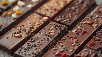 Unwrapped flavored chocolate bar focusing on embedded flavor pieces in broken sections, photorealistic food photo