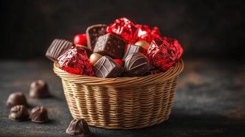 Chocolates and candies wrapped in red foil in a small wicker basket, gastronomy photography photo