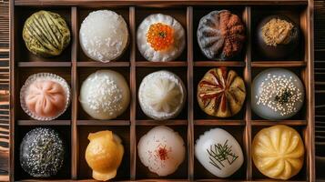 Mochi cakes with different fillings in a symmetrical pattern on a tray, gastronomy photography photo