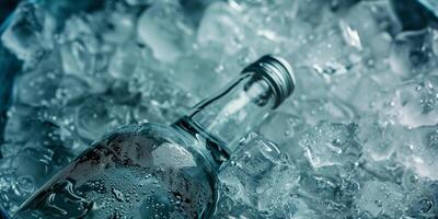 Vodka bottle partially submerged in a bucket of ice, surrounded by frost, gastronomy photography photo